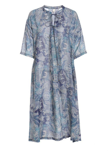 Blue Print O-neck Tie Print Ramie Summer Holiday Dress