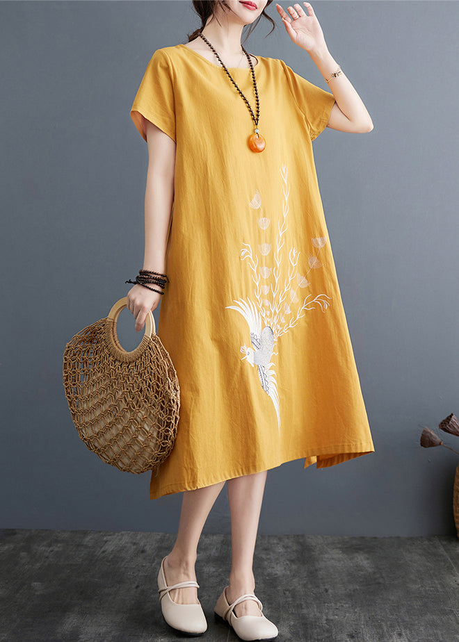 Yellow Embroidered Linen a Line Dress Summer