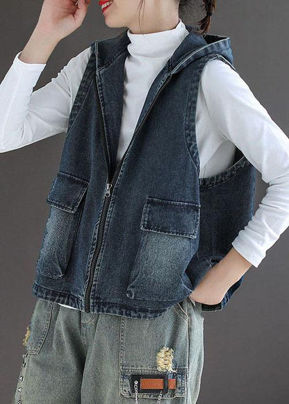 Blue Denim Zippered Pockets Fall Sleeveless Waistcoat