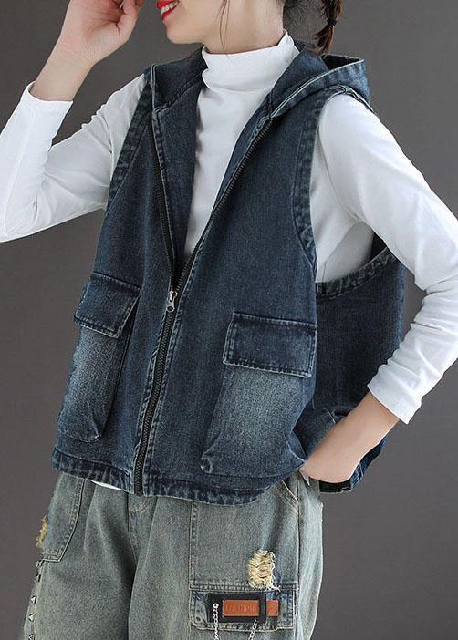 Blue Denim Zippered Pockets Fall Sleeveless Waistcoat