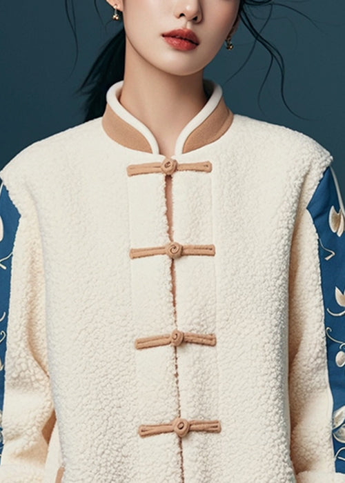 White Button Print Patchwork Teddy Faux Fur Coats Winter