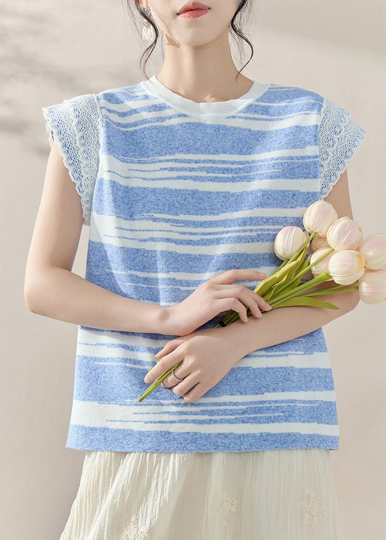 Modern Blue O-neck Lace Patchwork Knit Tops Summer