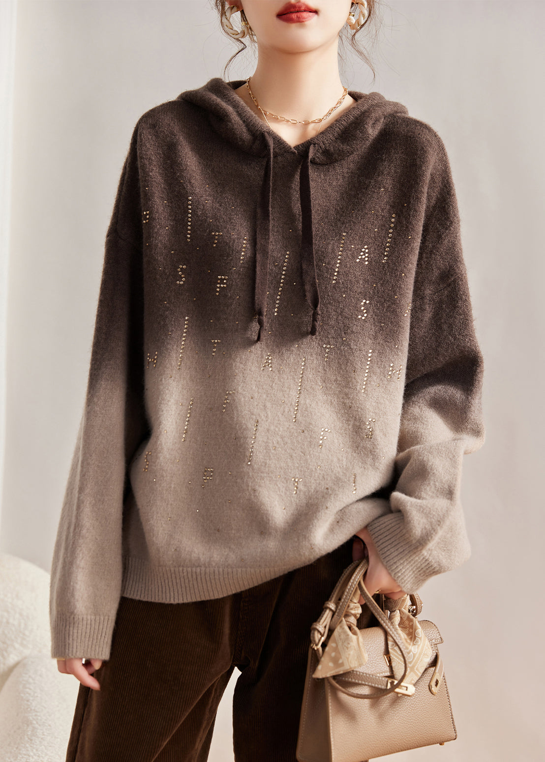 Khaki Hooded Gradient Color Knit Sweatshirts Top Winter