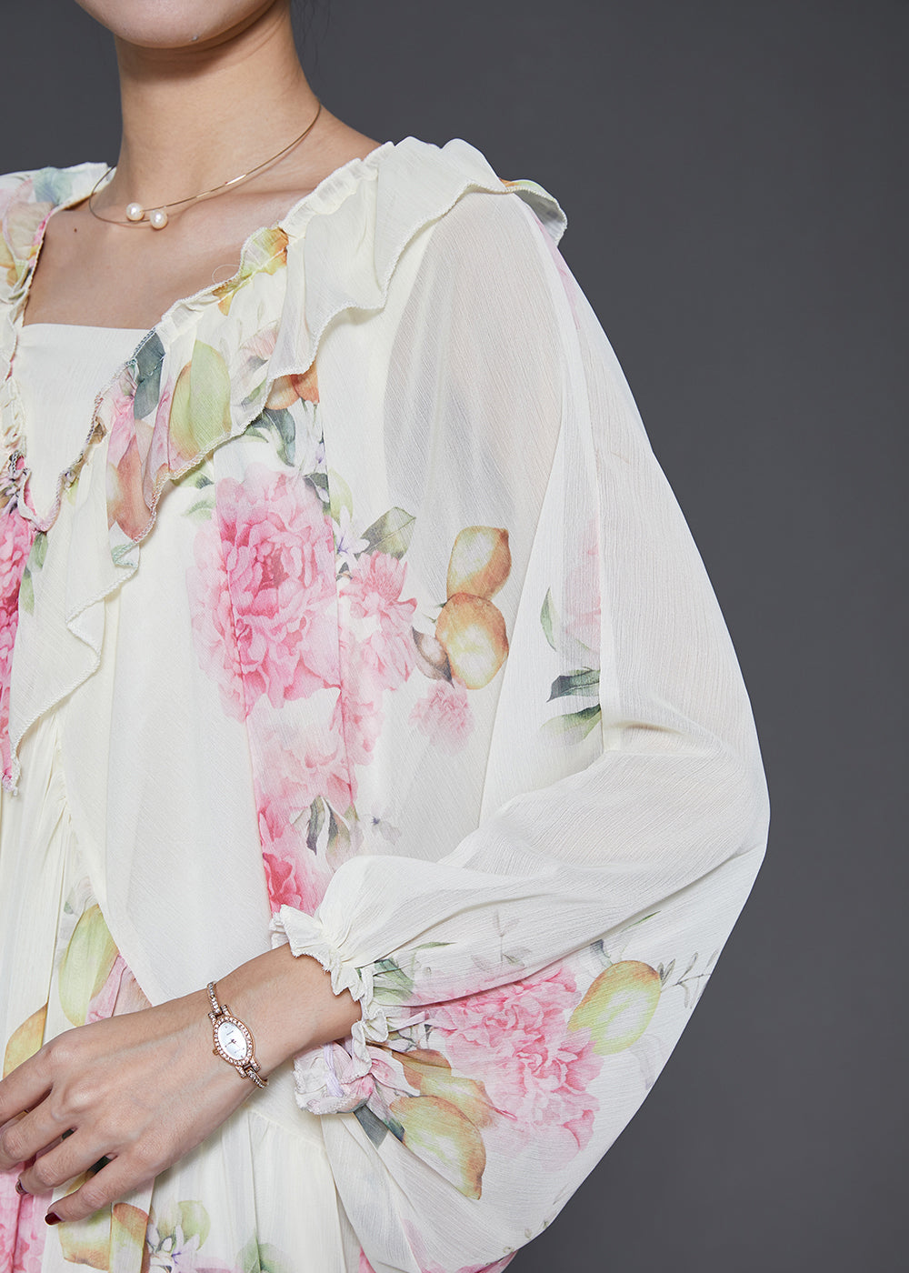 Apricot Ruffled Print Chiffon Long Dresses Spring