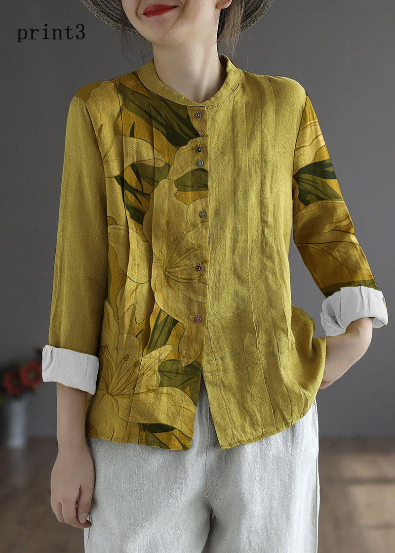 Blue Flower Button Fall Top Long Sleeve Linen
