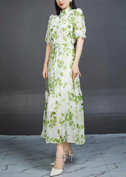 Green Wrinkled Print Tie Waist Chiffon Dress Summer