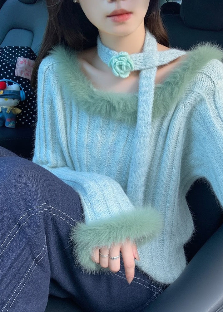 Blue Fur Collar Cozy Cotton Knit Sweaters Spring