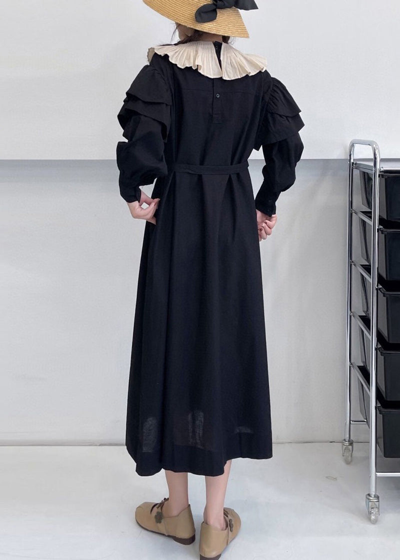 Black Pockets Cotton Dress Ruffled Summer