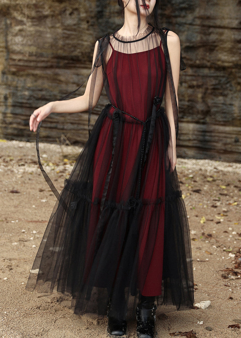 Black Stand Collar Tie Waist Tulle Dress Two Pieces Set Summer