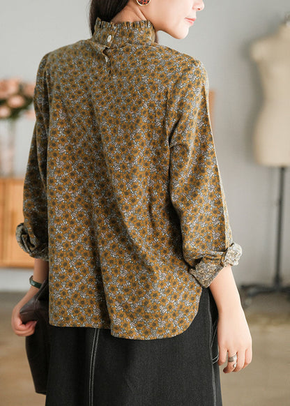 Italian Chocolate Stand Collar Button Ruffled Cotton Blouses Top Long Sleeve