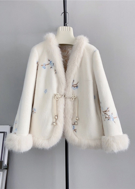 Pink V Neck Embroideried Fox Fur Mink Cashmere Coat Winter