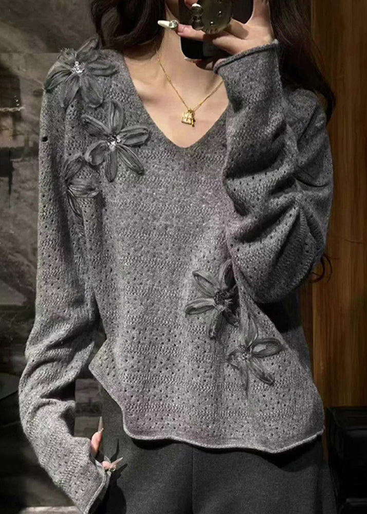 Natural Grey V Neck Cozy Cotton Knit Sweater Fall