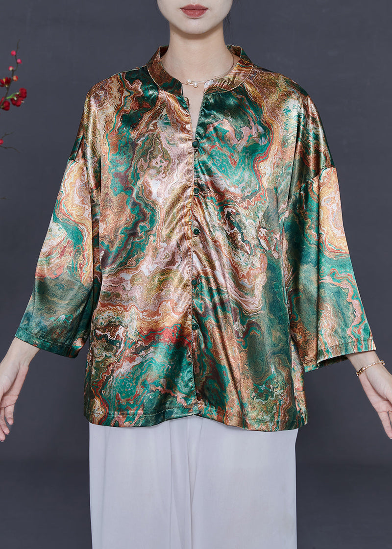 Stand Collar Print Silk Shirt Bracelet Sleeve