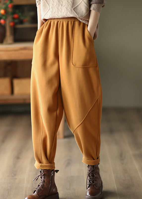 Yellow Pockets Patchwork Elastic Waist Warm Fleece Pants Spring