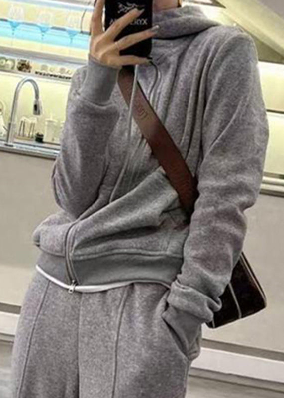 Grey Hooded Coats and Straight Pants Two Pieces Set Long Sleeve