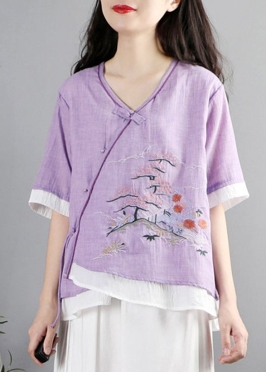 Purple Embroideried Patchwork Cotton Blouses Summer
