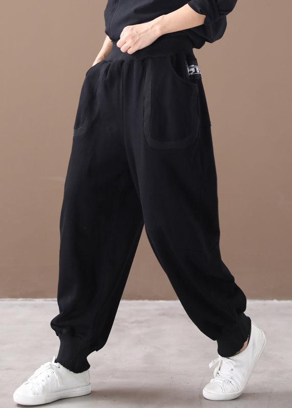 Black Print Pockets Elastic Waist Cotton Beam Pants Fall