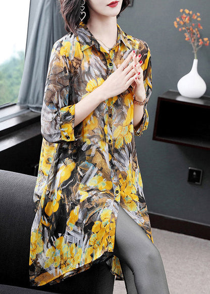 Yellow Peter Pan Collar Print Button Chiffon Dress Bracelet Sleeve