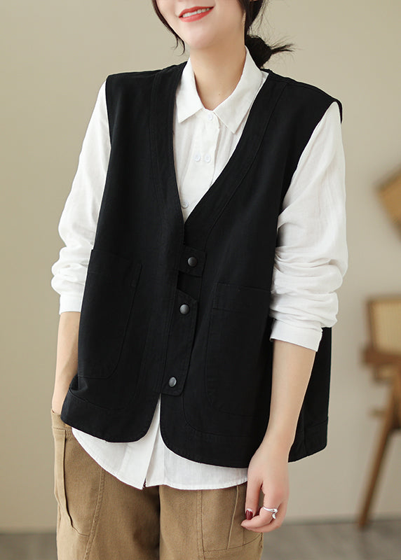 Black V Neck Pockets Patchwork Cotton Vest Spring