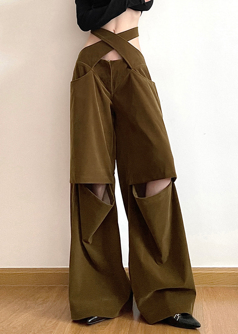 Brown Hollow Out Pockets Cotton Wide Leg Pants Fall