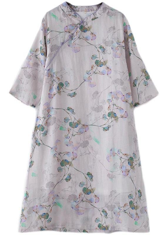 Comfy Light Purple Print Oriental Ramie Maxi Dresses Fall
