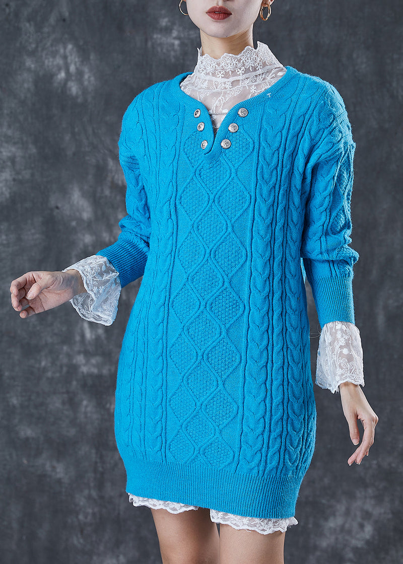 Blue V Neck Cable Knitted Dress Two Piece Set Winter