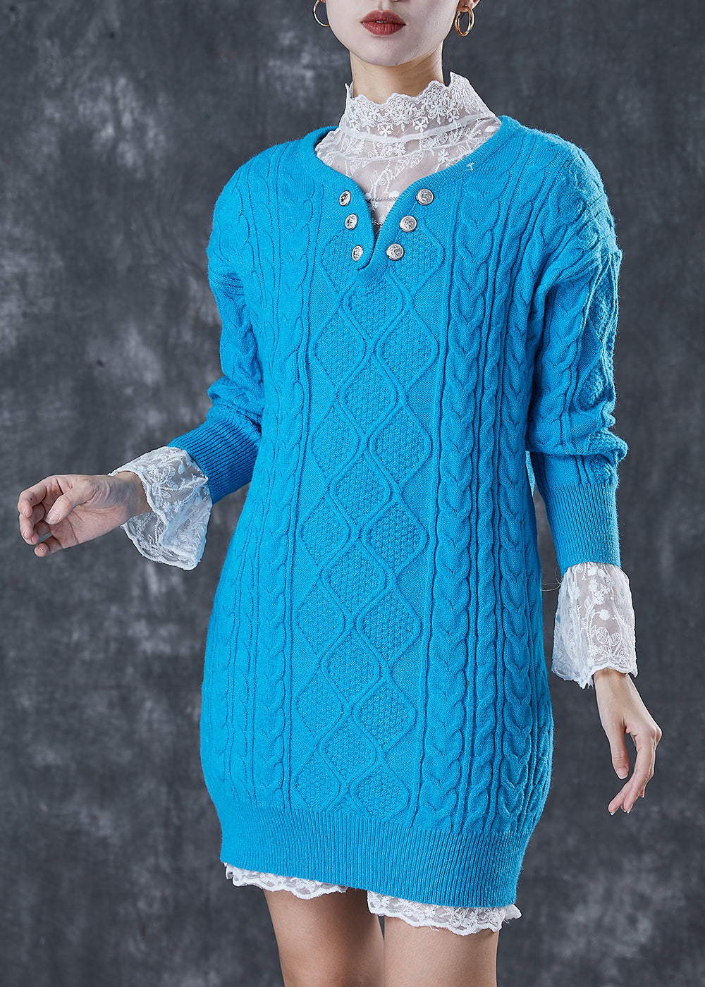 Blue V Neck Cable Knitted Dress Two Piece Set Winter