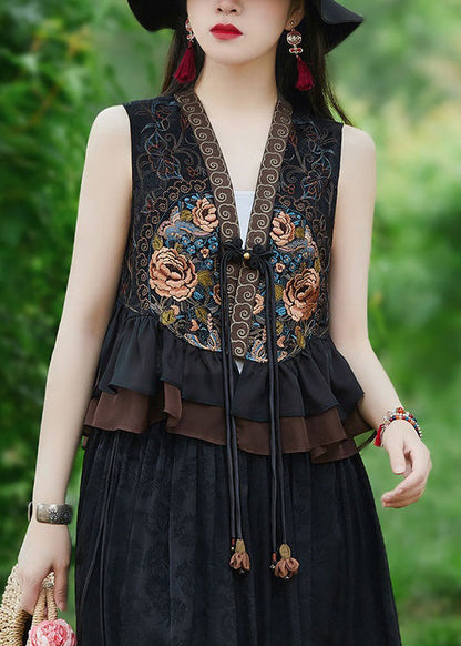 Black Ruffled Tasseled Patchwork Silk Waistcoat Sleeveless