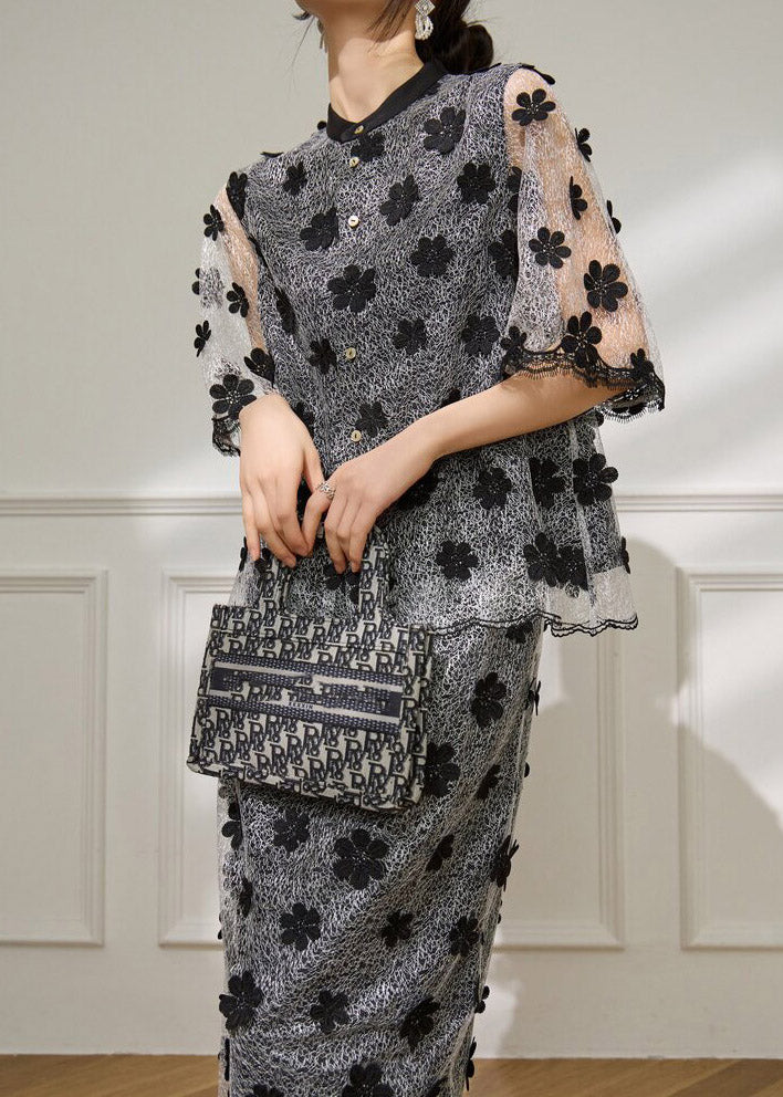 Vogue Black Embroidered Tulle Top and Maxi Skirts Two Pieces Set Short Sleeve