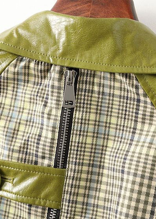 Green Peter Pan Collar Striped Patchwork Tie Waist Button Pockets Leather Trench Coats Long Sleeve