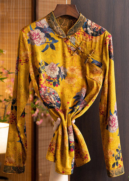 Oriental Yellow Stand Collar Button Silk Shirt Tops Long Sleeve