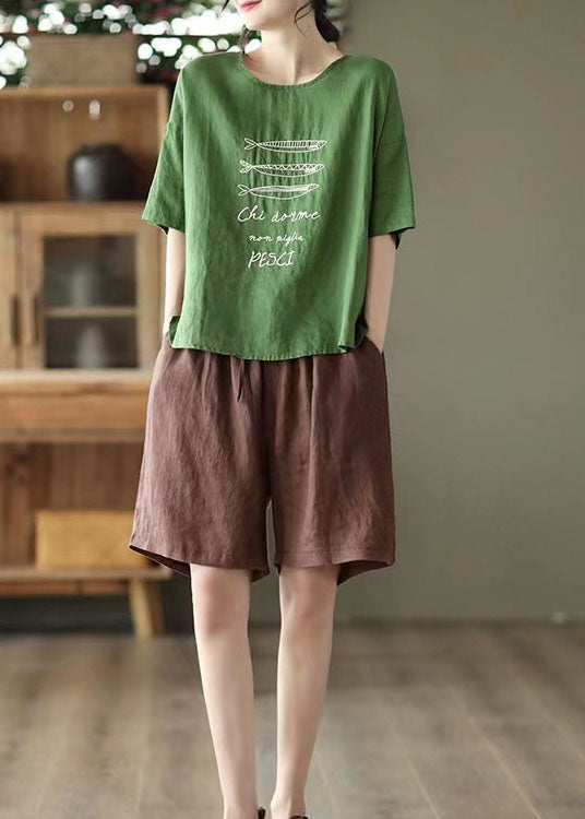 Green Patchwork Linen Blouse Top Embroideried Summer