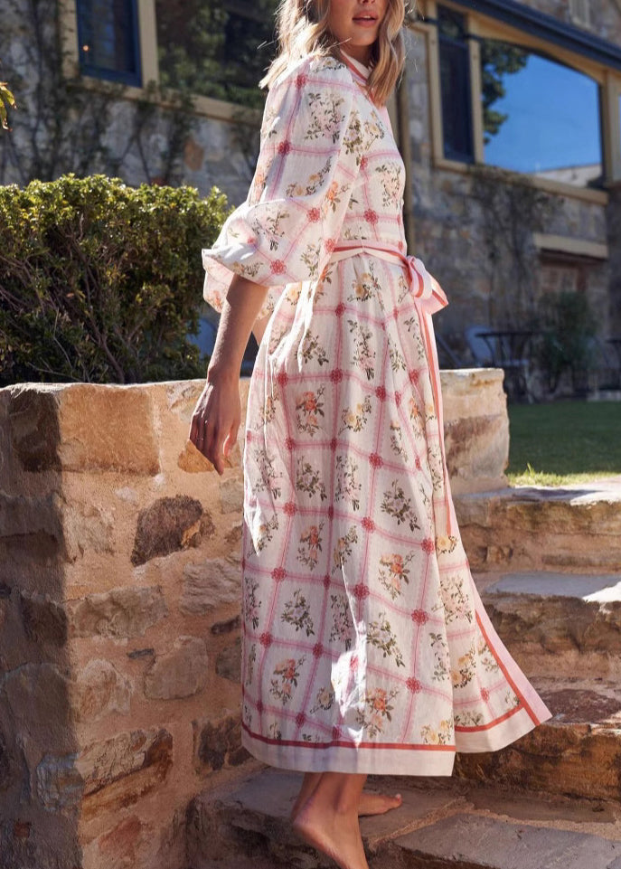 Peter Pan Collar Print Lace Up Cotton Maxi Dresses Summer