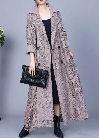 Loose Grey Notched Double Breast Lace Trench Coat Fall