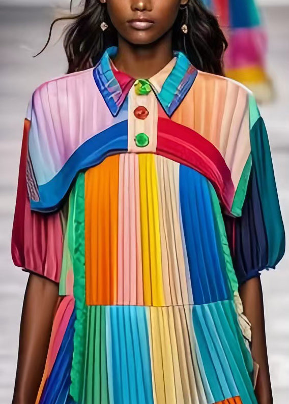 Colorblock Peter Pan Collar Patchwork Wrinkled Chiffon Beach Dress Summer