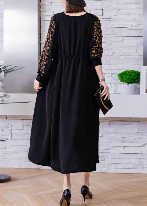 Black Tie Waist V Neck Print Patchwork Silk Holiday Dress Spring