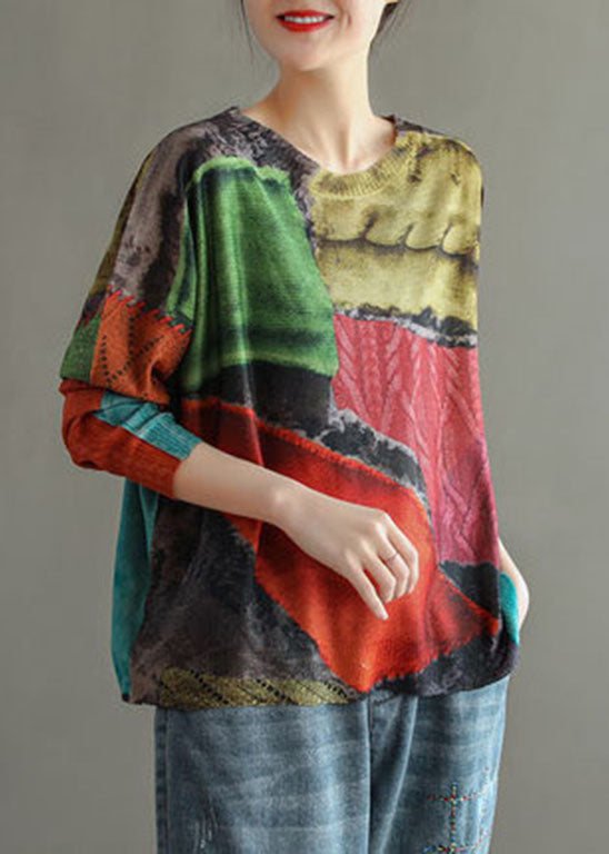 Colorblock O-neck Print Knit Tops Long Sleeve
