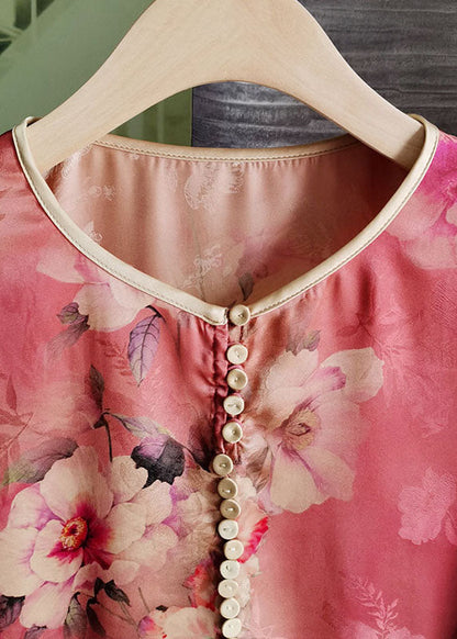 Red O Neck Print Silk Tops Lantern Sleeve