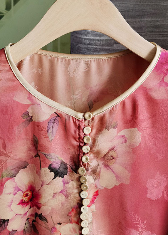 Red O Neck Print Silk Tops Lantern Sleeve