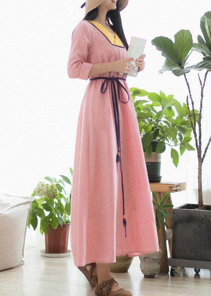 V Neck Patchwork Spring Clothes Fabrics Pink Maxi Dress