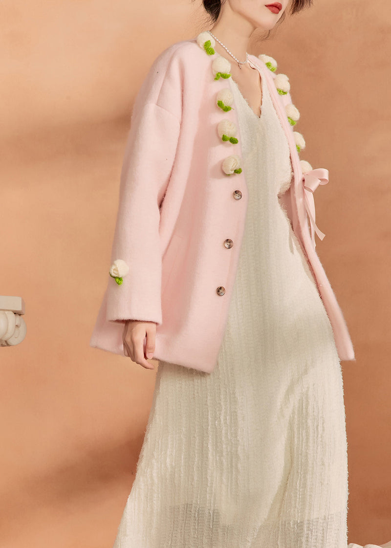 French Pink V Neck Button Woolen Coat Winter