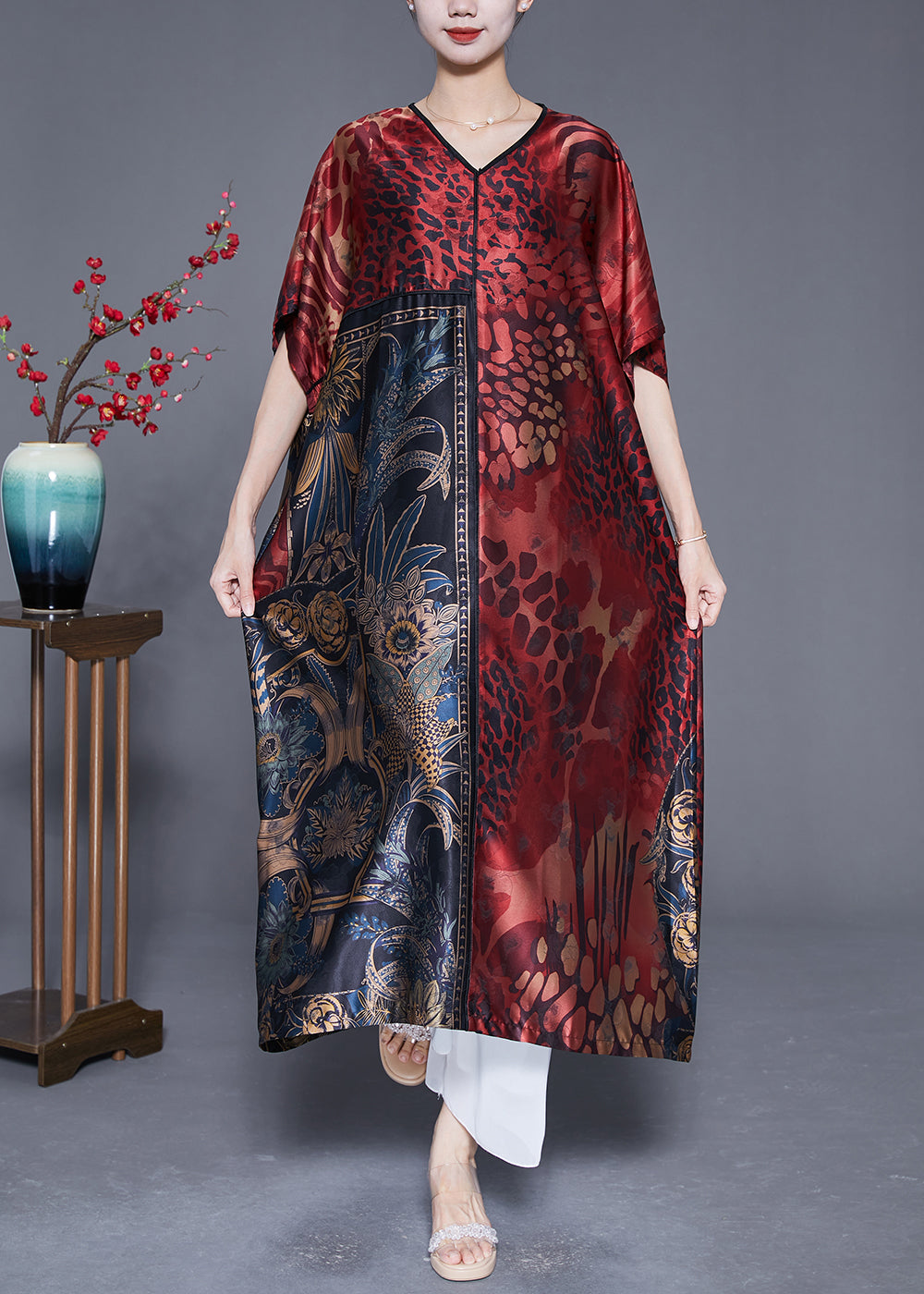 Mulberry V Neck Print Silk Long Dress Summer