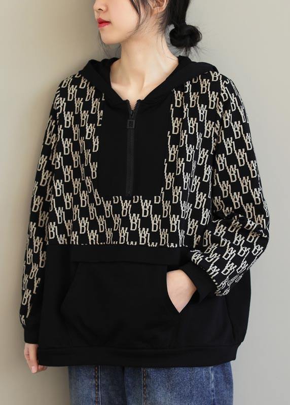 Black Print Tunics for Hooded Pockets Spring Tops