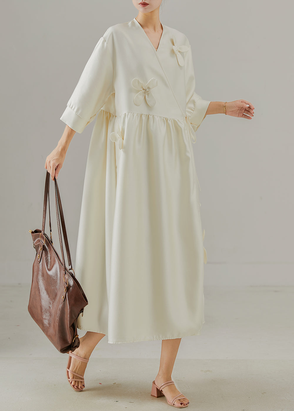 Boutique White Three-dimensional Lace Up Silk Dress Summer