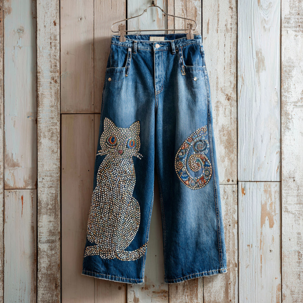 Casual Cute Diamond Cat Vintage Jeans elevenforest