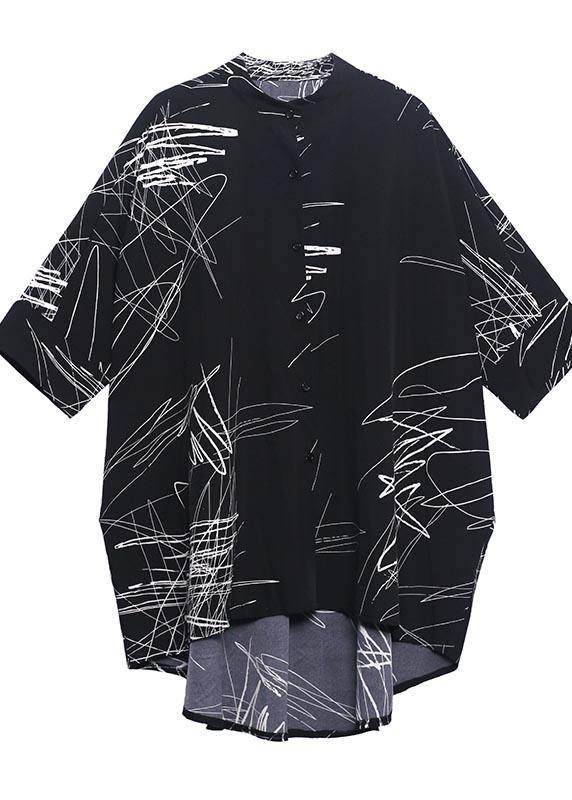 White Print Button Low High Design Cotton Blouses Fall