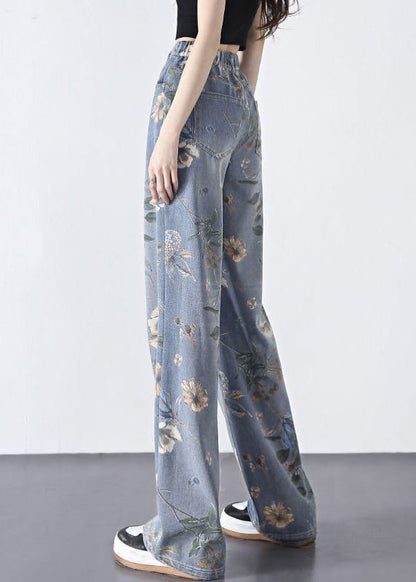 Diy Blue Print Zippered Long Straight Jeans