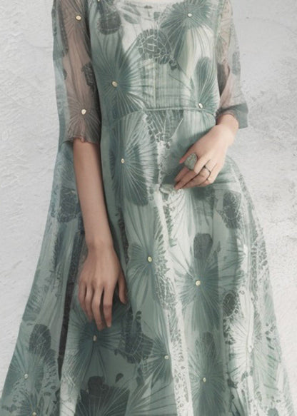 Fine Green U Neck Print Loose Silk Long Dresses Summer