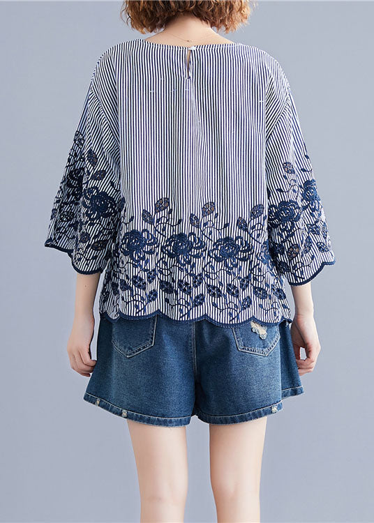 Style Blue O-neck Embroideried Striped Cotton Tops Bracelet Sleeve