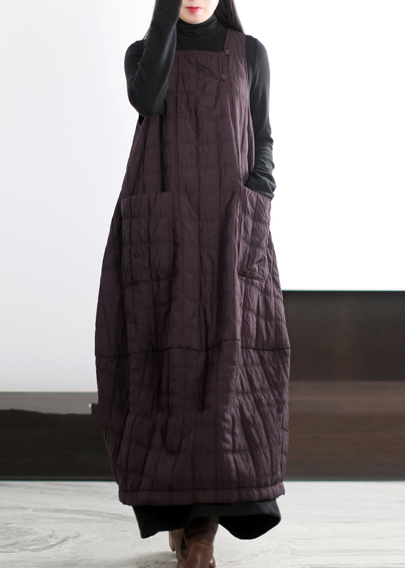 Coffee Oversized Pockets Fine Cotton Filled Long Dress Winter